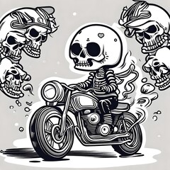 isolated black and white vector style illustration of a Cute, cartoon, skeleton riding  a motorcycle
