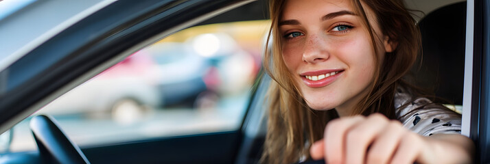 Young woman in new car handing over keys laughing - obrazy, fototapety, plakaty