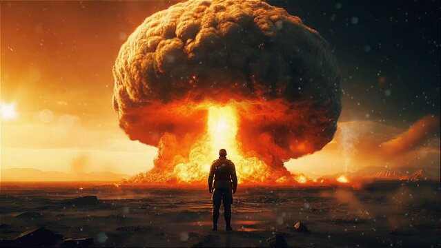 Person facing destruction of nuclear explosion mushroom cloud loop