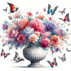 A flower vase and butterflies background wallpaper with watercolor art technique