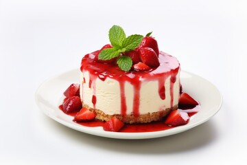 A cheesecake with a heap of strawberries, jam and mint leaves on the white plate