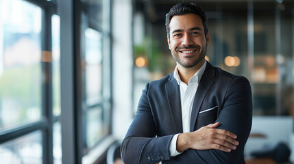 Handsome confident Middle Eastern businessman with folded arms and smiling at the camera in a modern office - obrazy, fototapety, plakaty