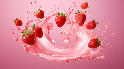 Strawberry and milk splashing on solid color background, 