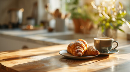 Coffee cup and fresh baked croissant on a plate on a wooden table for french breakfast in the morning on a balcony - obrazy, fototapety, plakaty