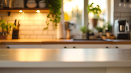blurred kitchen interior and desk space home background