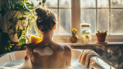 back view of young woman taking shower and looking to window with sunshine - obrazy, fototapety, plakaty