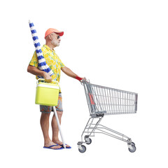 Funny tourist pushing a shopping cart