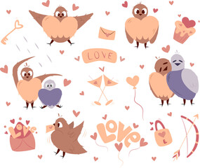 Set of valentine's day birds with heart, envelope,key,word love, lock, martini,bow and arrow,cupcake