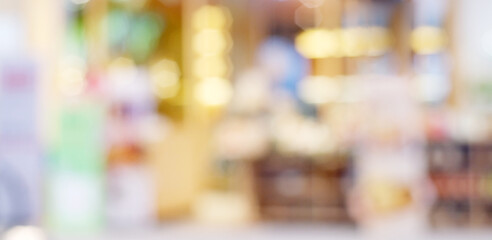 Blur retail store shop background, banner, Blurry abstract bokeh light wallpaper, poster with copy space
