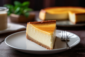 A slice of classic plain New York style cheesecake on the white plate