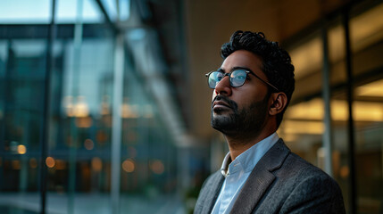 Fototapeta premium Confident Indian businessman staring into the distance in front of a modern office building, thinking about a successful future