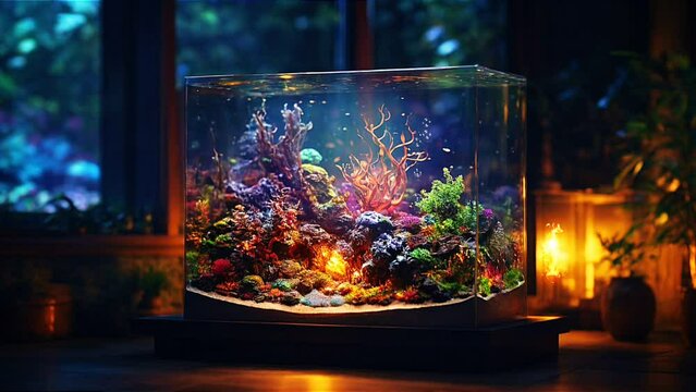 Soothing aquarium tank scene in ambient darkened room exotic colorful coral fish loop