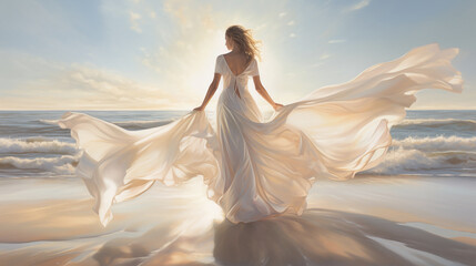 Ocean Breeze in White : Back view of a woman on the beach with her dress blowing in the wind
