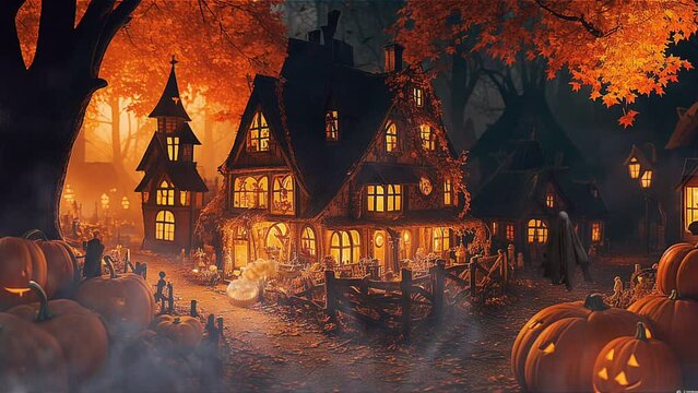 Halloween village background with pumpkins spooky orange hamlet ghost loop