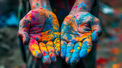 Indian Holi festival hands in colorful colors. The concept of the holiday.