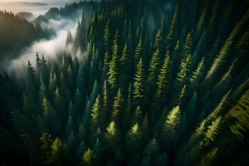 evergreen forest view from overhead, fog rolling in, looks like the pacific northwest--