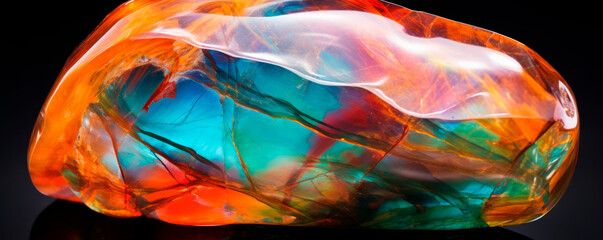 Macro shot of exquisite polished agate, with a complex pattern of bands and layers in a kaleidoscope of colors from translucent blue to fiery orange on smooth surface. Geology. The beauty of minerals