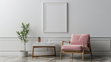 A white empty frame mockup on the wall above a mid-century modern-style chair, a marble side table, and a small succulent. 