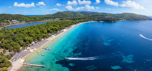 Panoramic aerial view of the beautiful Koukounaries beach on the island of Skiathos, Sporades,...