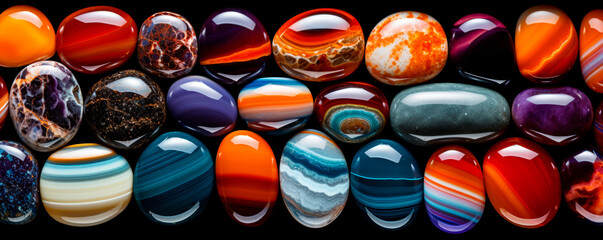 A scattering of multicolored gemstones of various shapes and sizes in blue, violet, visually textured mosaics. The beauty of natural minerals. Abstract background. Banner