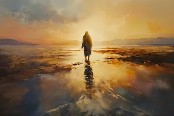 Peel and stick wallpaper Grey 2 Jesus walks on water. Digital oil painting illustration