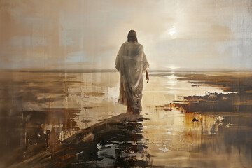 Jesus walks on water. Digital oil painting illustration