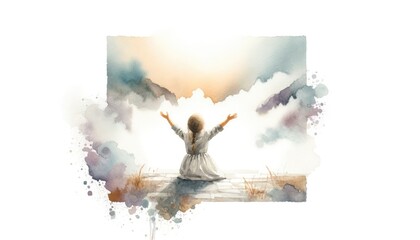 Watercolor illustration of a little girl in a white dress sitting on a bench in worship and looking at the sunset.