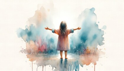 Image of a little girl in worship on watercolor background.