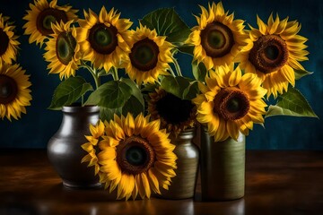 sunflowers of van gogh, photo realistic, high detailed, fine art photography, studio lighting, real sunflowers in vase-