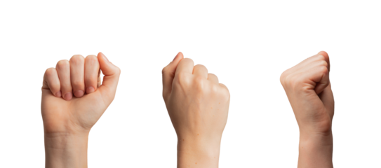 Fists raised up, strong women hand gesture, sign of power, strength, isolated on white