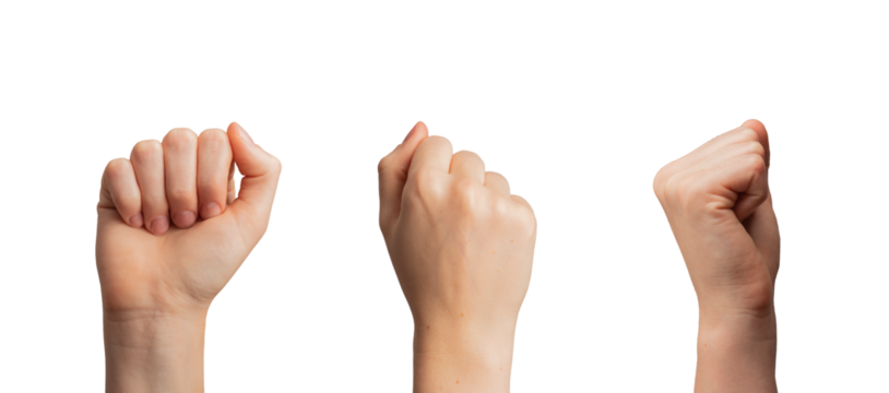 Fists raised up, strong women hand gesture, sign of power, strength, isolated on white