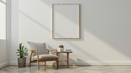 A white empty frame mockup on the wall above a mid-century modern chair and a small side table with...