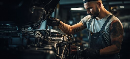 Fototapeta na wymiar Mechanic man repairing engine of car in auto workshop. Automobile maintenance.