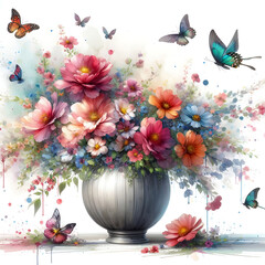 A flower vase and butterflies background wallpaper with watercolor art technique