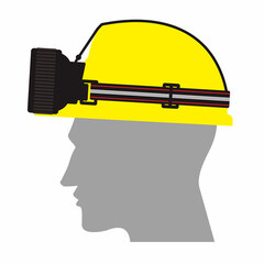 Man or worker with yellow color of safety hardhat and wearing headlamp illustration. Flat vector sign, symbol for safety. © wijas
