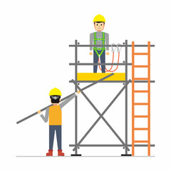 Two workers build a single layer of tubular scaffolding. Flat vector illustration of construction work.