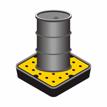 Isometric illustration of chemical container with secondary containment for spill prevention measure. Safety and health standard for industrial, factory, and manufacture.