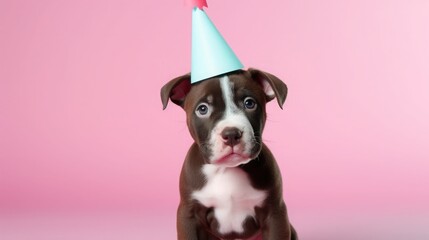 Animal idea that is original. Pitbull puppy dressed in a party suit with a cone hat, choker, and bow tie, isolated on a plain pastel background. birthday invitation