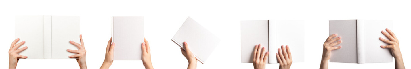 Blank book cover mockup for hardcover design. Hardback mock up set isolated on white