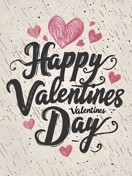 Happy Valentines Day calligraphy text, on a white background black lettering with pink hearts vector illustration. generative AI