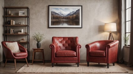interior design living room with red chair and picture mockup on a wall and red chair