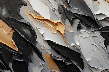 Closeup of abstract black, white and peach texture background. Visible oil, acrylic brushstroke, pallet knife paint on canvas. Contemporary art painting.	