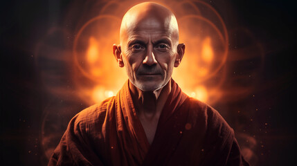 serene monk in meditative state with a mystical glowing aura