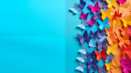Multicolored Paper Backdrop With Origami Butterflies Representing Zero Discrimination Day Blank Area Tor Message Copy space Image Place Tor adding Text Or Design, Generative Ai - obrazy, fototapety, plakaty