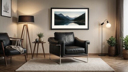 interior design living room with red chair and picture mockup on a wall and a black chair