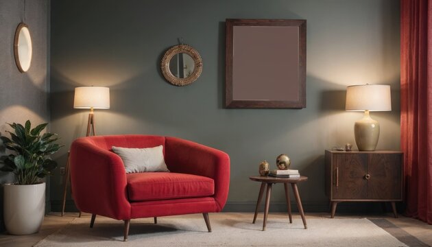 interior design living room with red chair and picture mockup on a wall and red chair