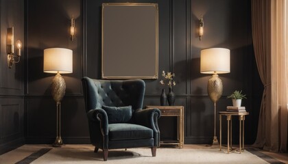 interior design living room with red chair and picture mockup on a wall