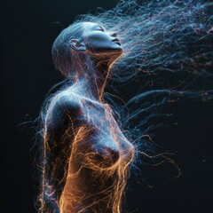 Human electromagnetic field - a subtle, radiant energy enveloping body. Vibrant frequencies depict dynamic interplay of life force, resonating in harmony with the holistic vitality of the individual.