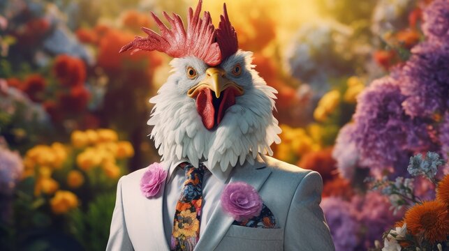 imaginative animal idea. A chicken hen dressed in a sharp suit is surrounded by a fantastical garden scene with blooming flowers. banner card for commercial and journalistic advertising