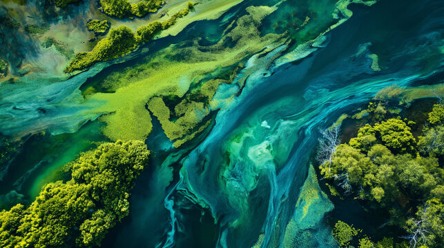 A massive algae bloom in the lake creates a flowing, organic pattern with vibrant greens and blues. Landscapes illustration, aerial view, Generative AI